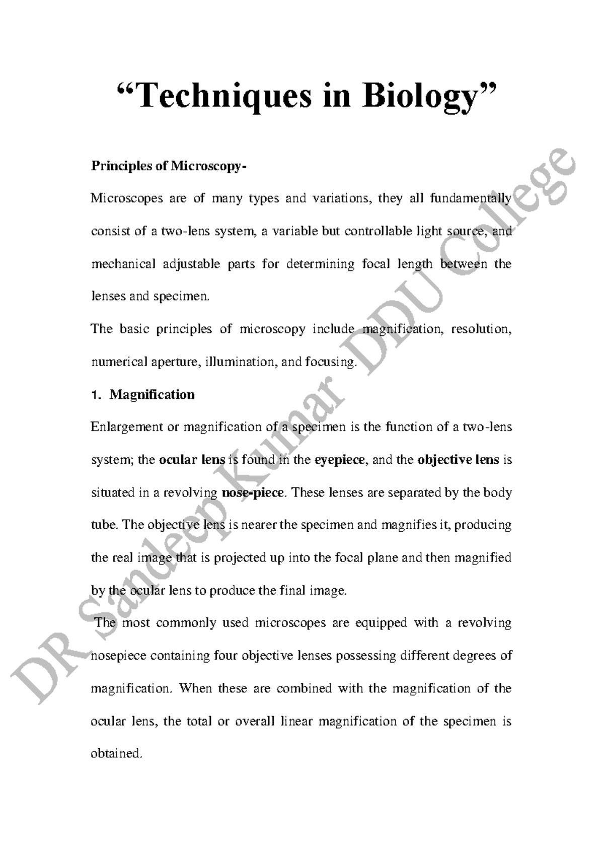 Microscopy notes - “Techniques in Biology” Principles of Microscopy ...