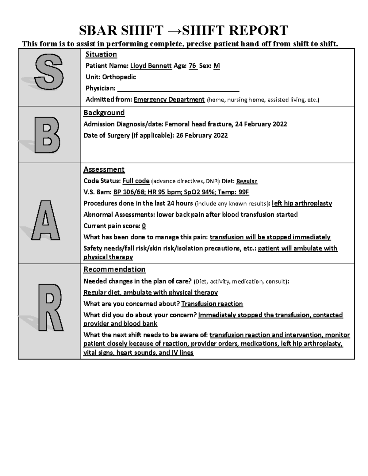 Lloyd bennett sbar - SBAR SHIFT →SHIFT REPORT This form is to assist in ...