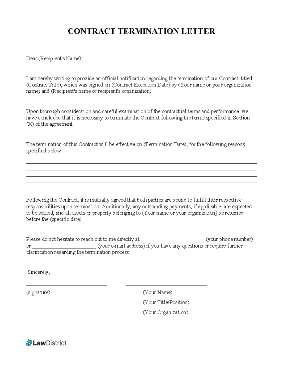 Contract termination letter template - CONTRACT TERMINATION LETTER Dear ...