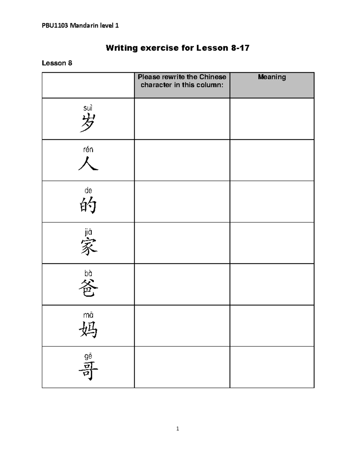 Writing exercise Level 1 8-17 - Writing exercise for Lesson 8- Lesson 8 ...