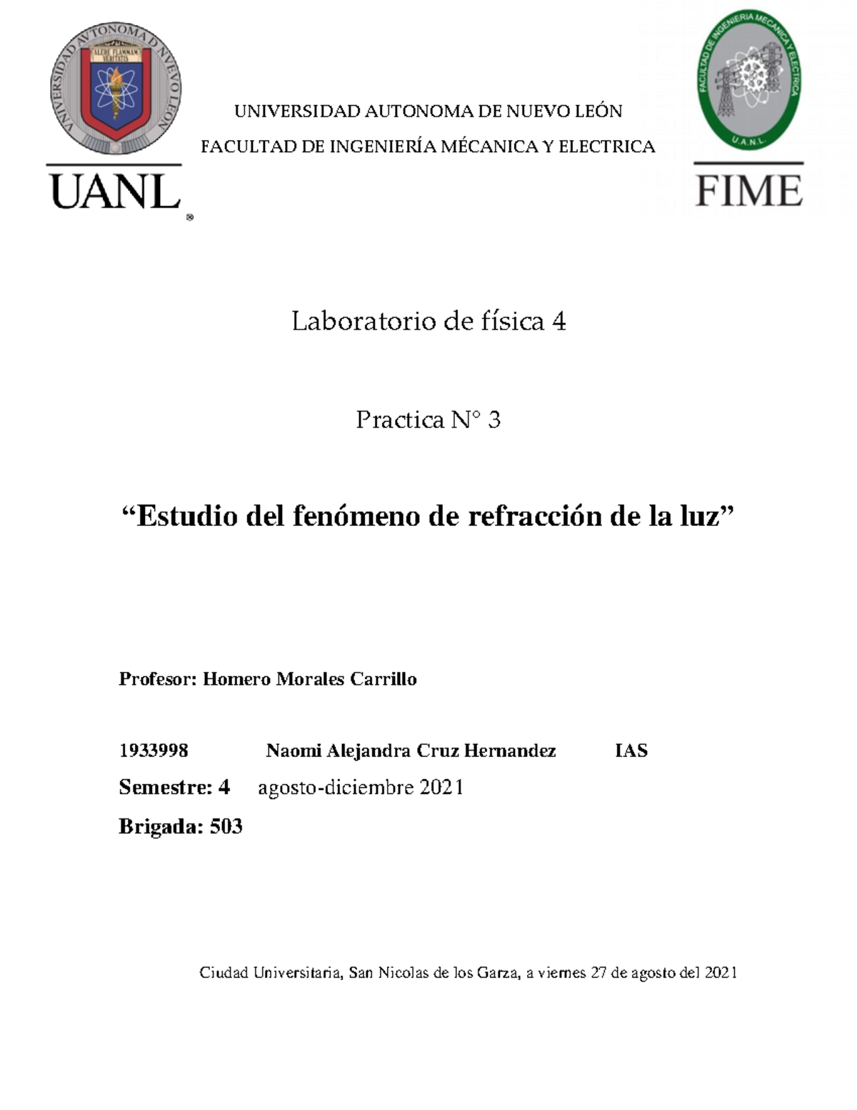 Practica 3 uwu Laboratorio de fisica 4 - UNIVERSIDAD AUTONOMA DE NUEVO ...
