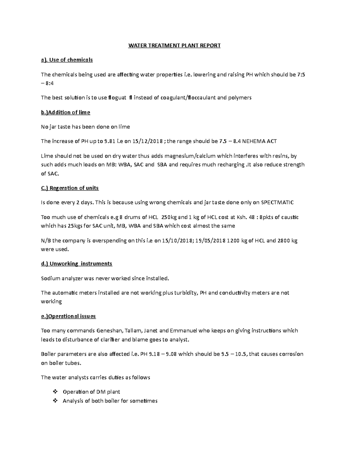 Water plant learning material WATER TREATMENT PLANT REPORT a). Use