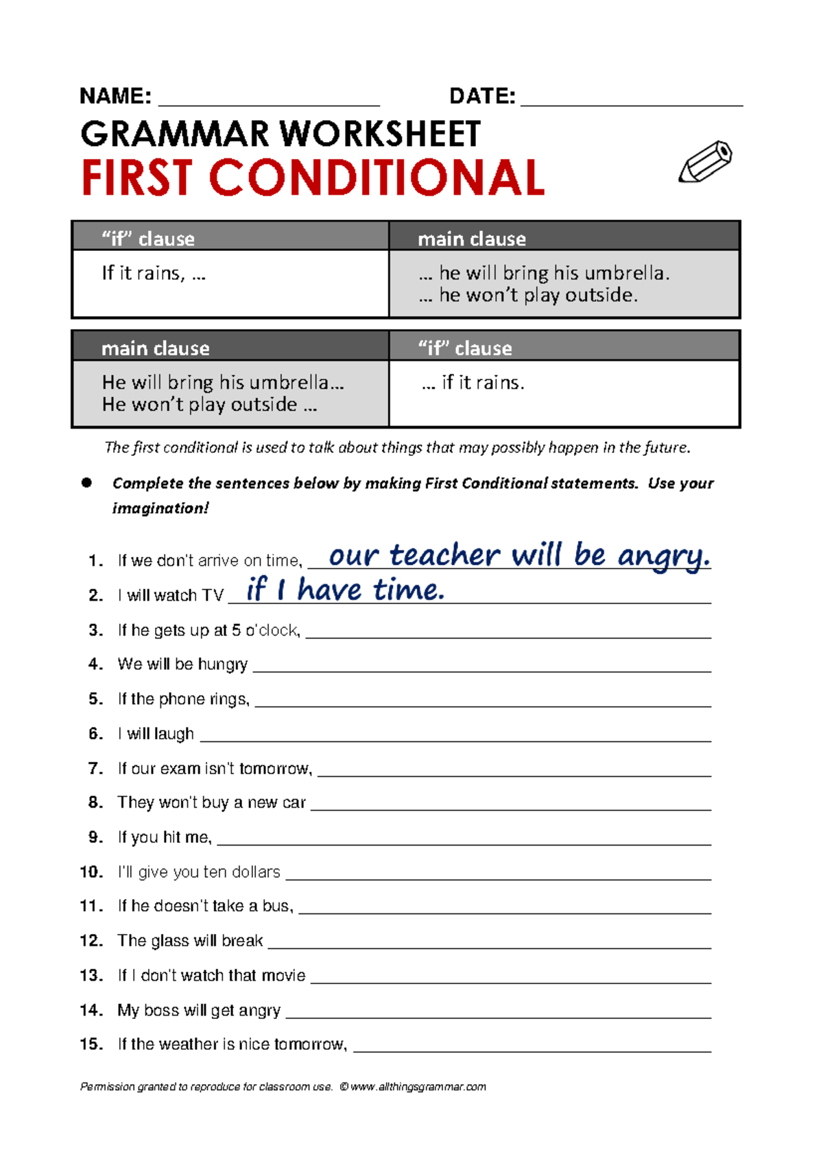 First conditional worksheet - NAME: ________________________ DATE