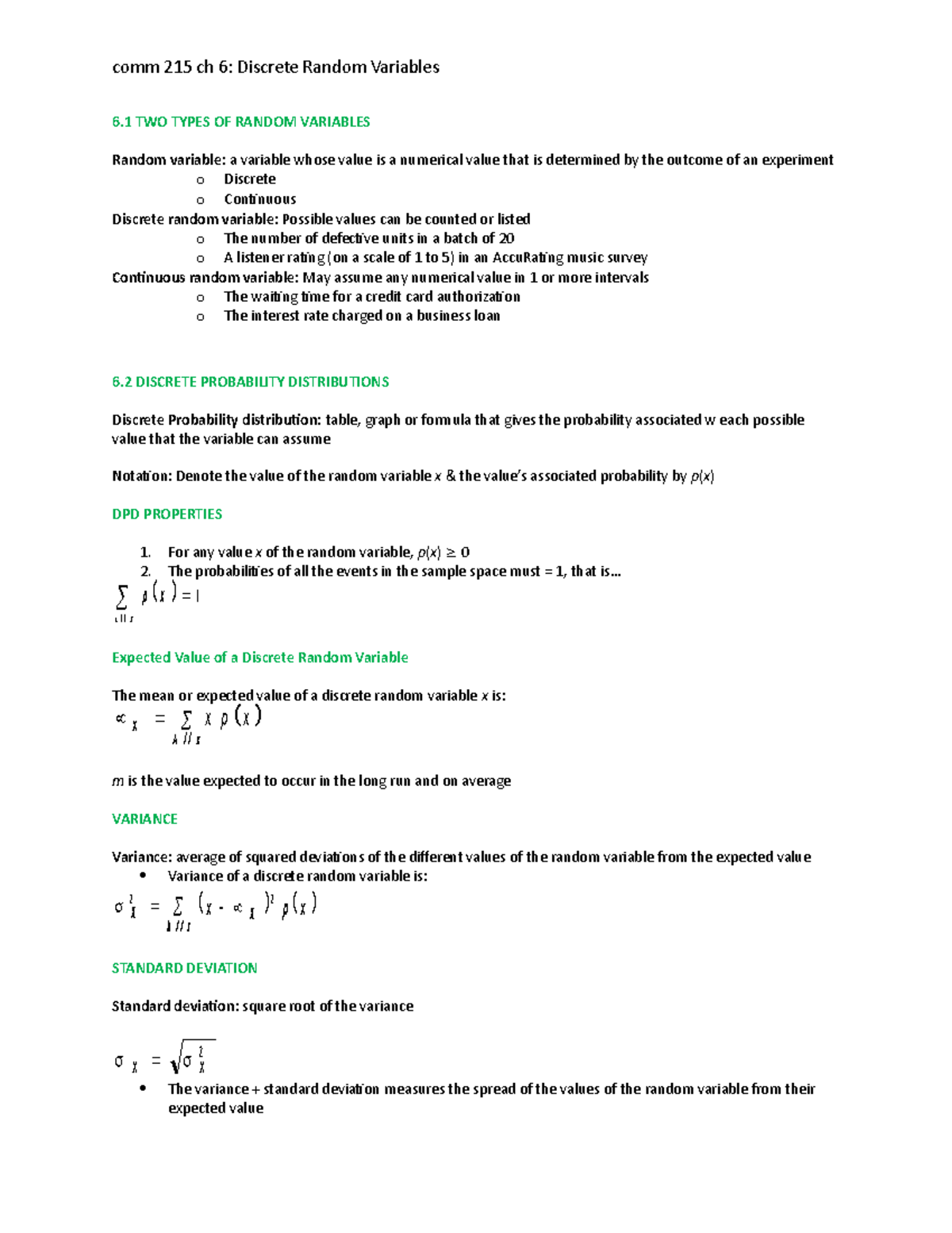 ch 6 notes statistics - comm 215 ch 6: Discrete Random Variables 6 TWO ...