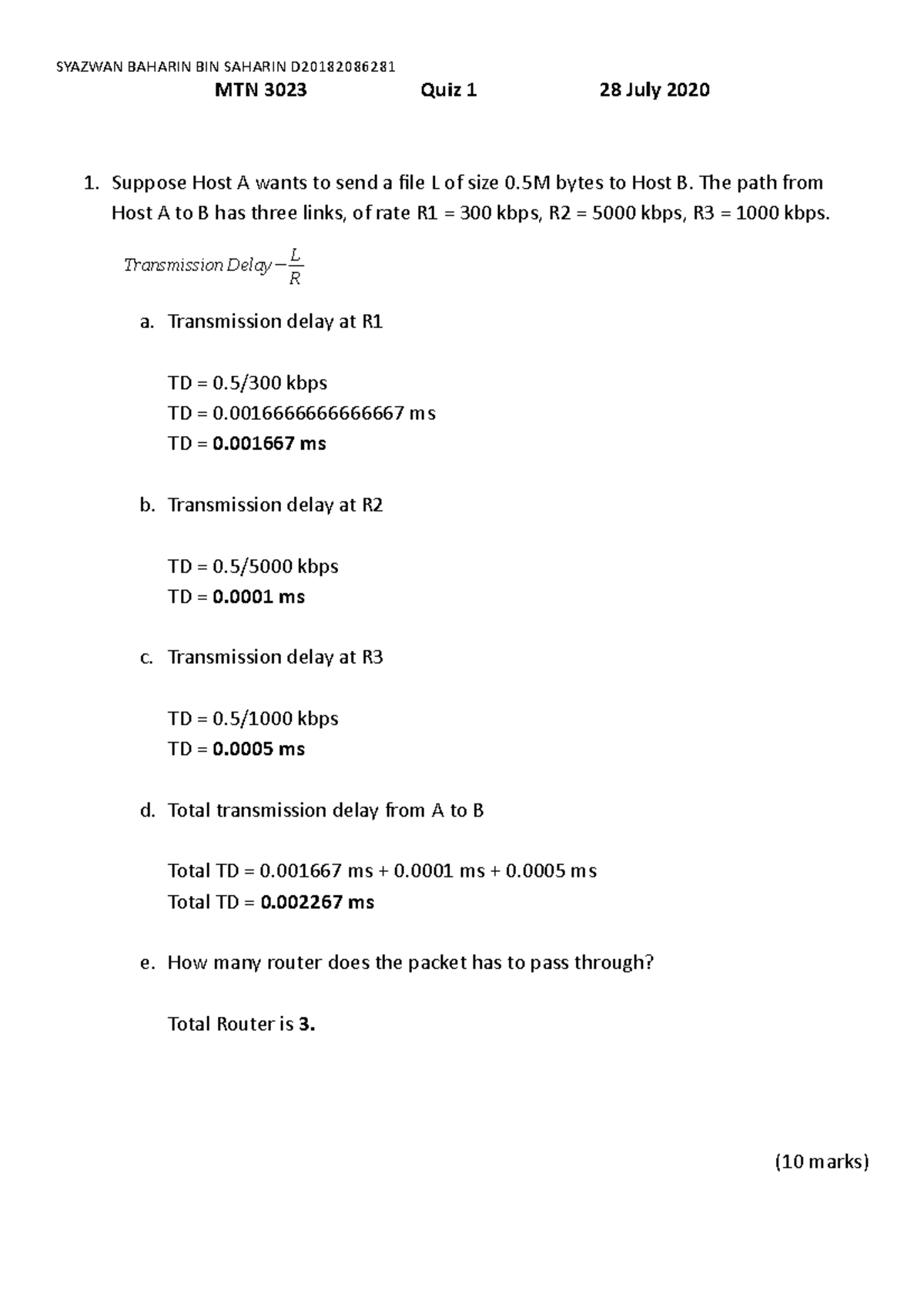 Quiz 1 Computer Network 2020 Rangkaian Komputer Computer Networks