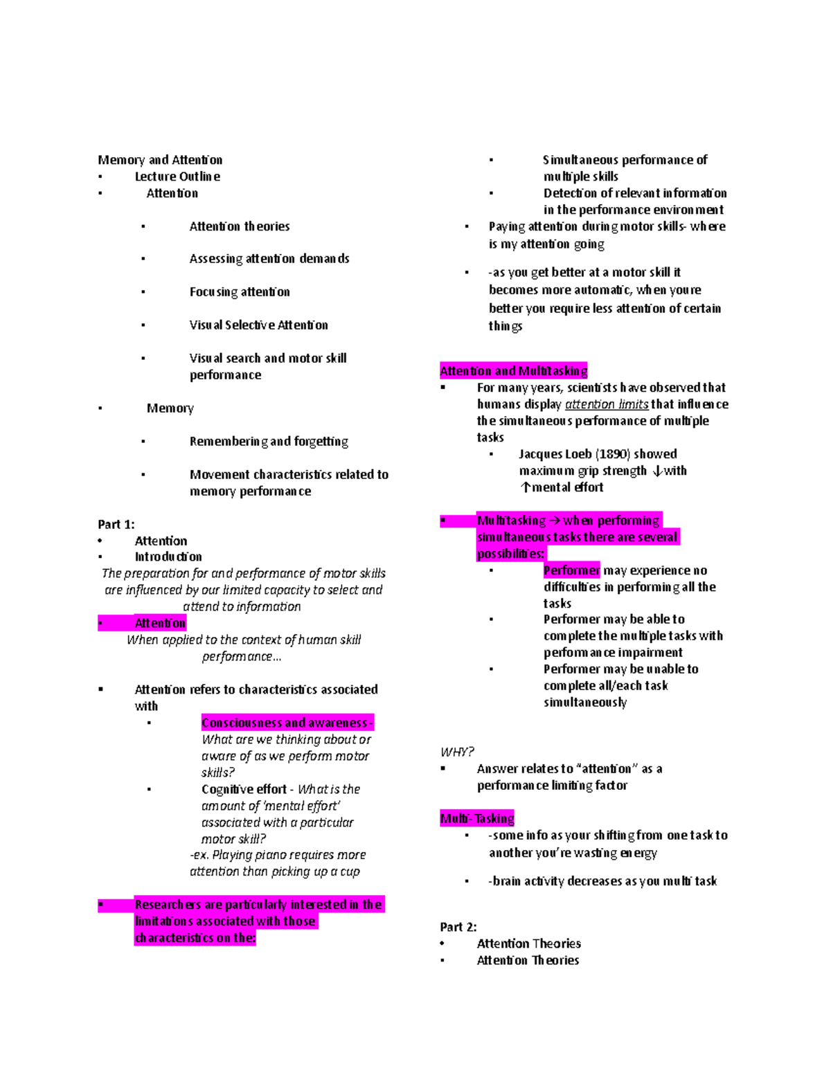 Memory and Attention - Lecture notes 1 - Memory and Attention Lecture ...