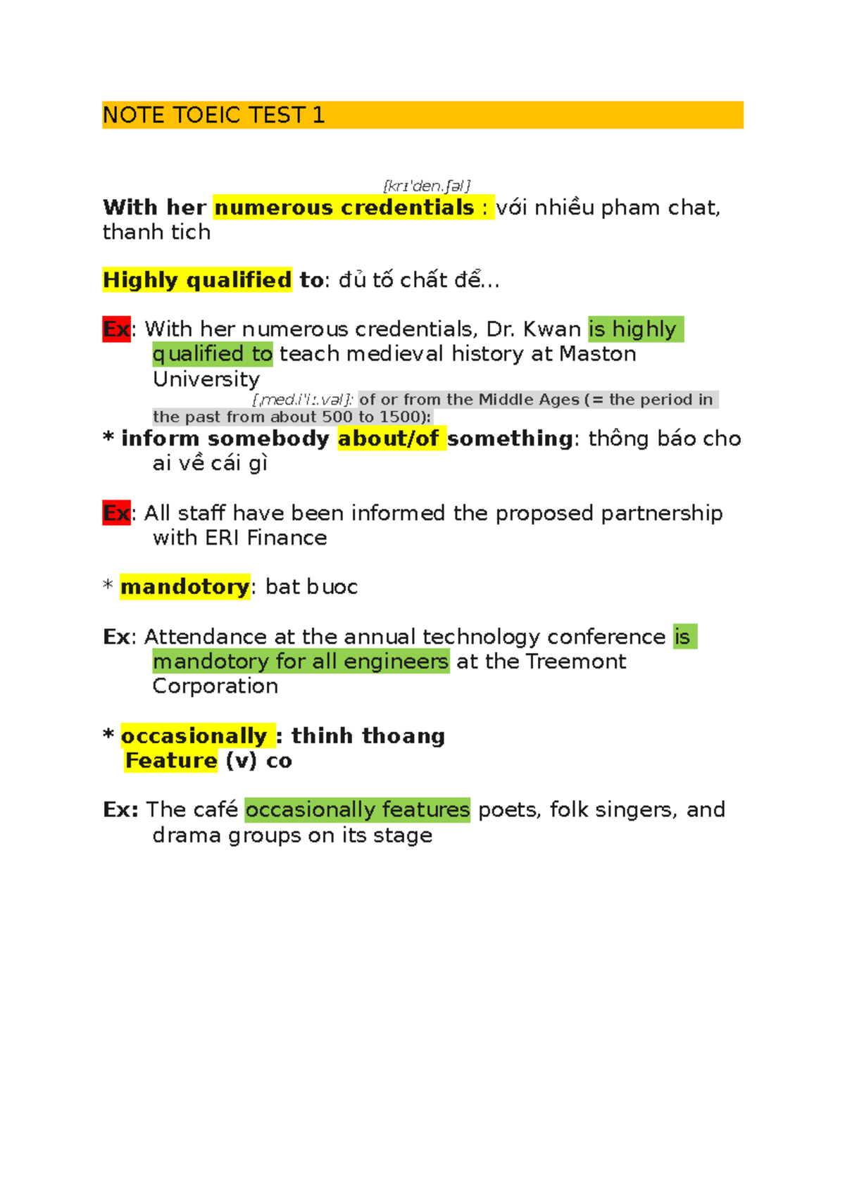 Note toeic test 1 summary ti ng anh hp1 note toeic test 1 kr den