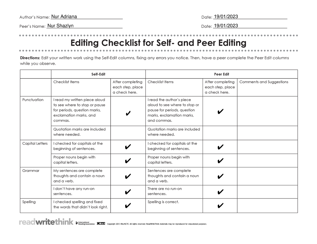 peer editing checklist college essay