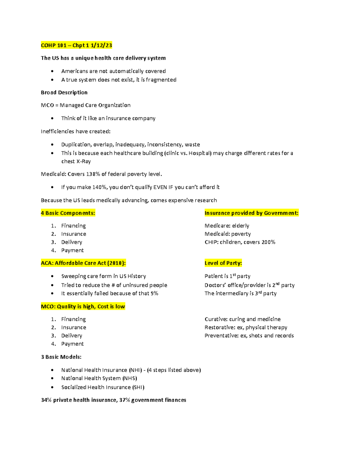 COHP 101 Intro Notes - COHP 101 The U.S Health Care System. Professor ...