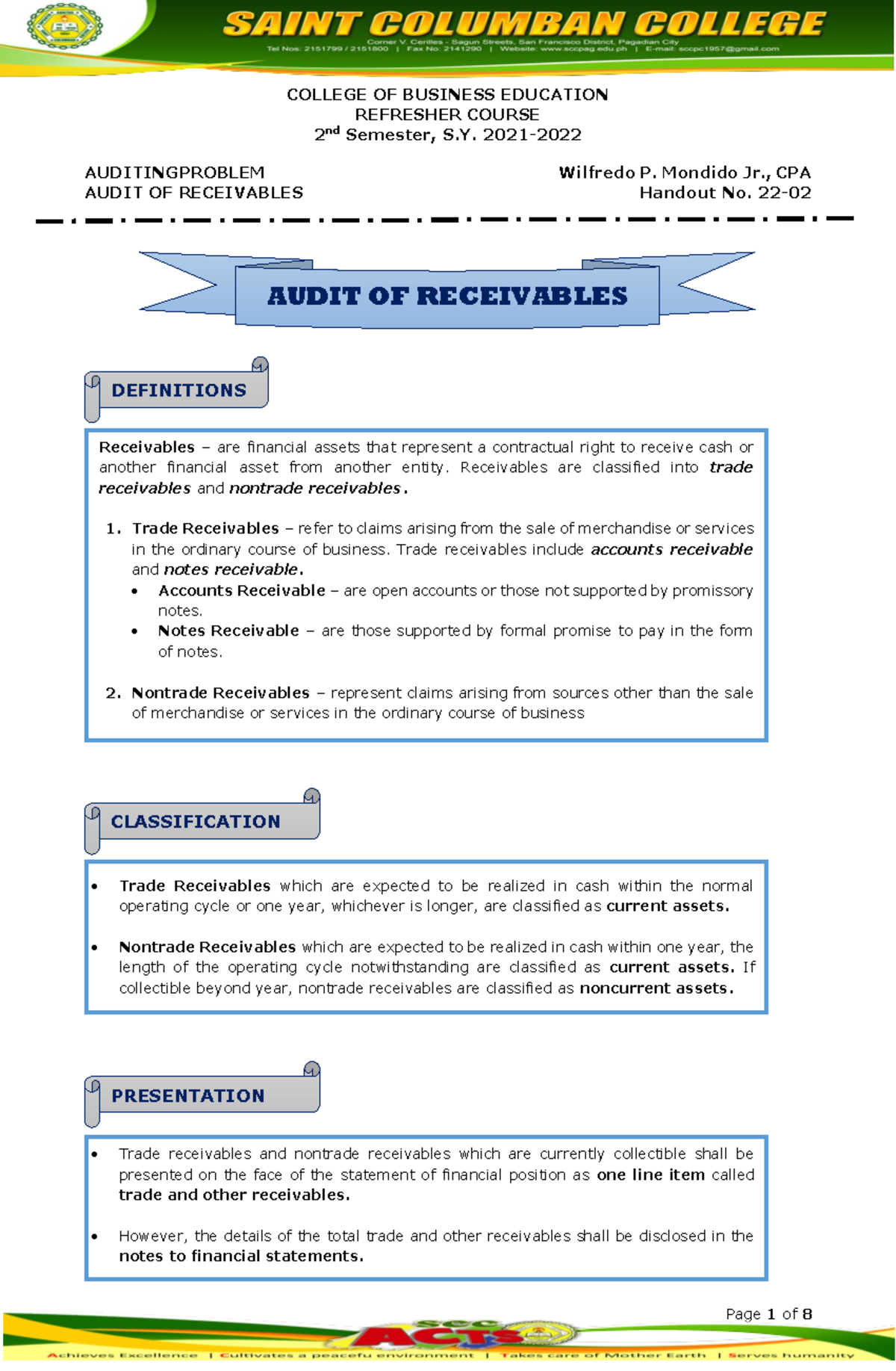 2-AP Audit OF Receivables - COLLEGE OF BUSINESS EDUCATION REFRESHER ...