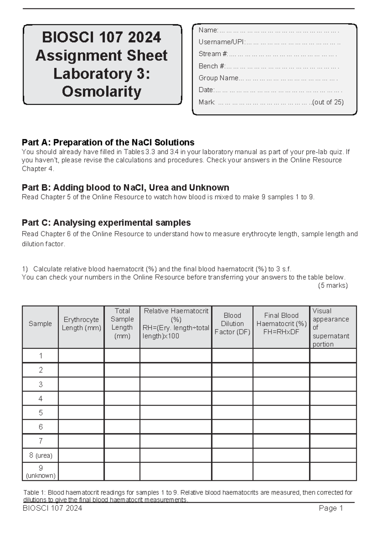 Lab 3 Assignment Sheet 2024 - BIOSCI 107 202 4 Page 1 Part A ...