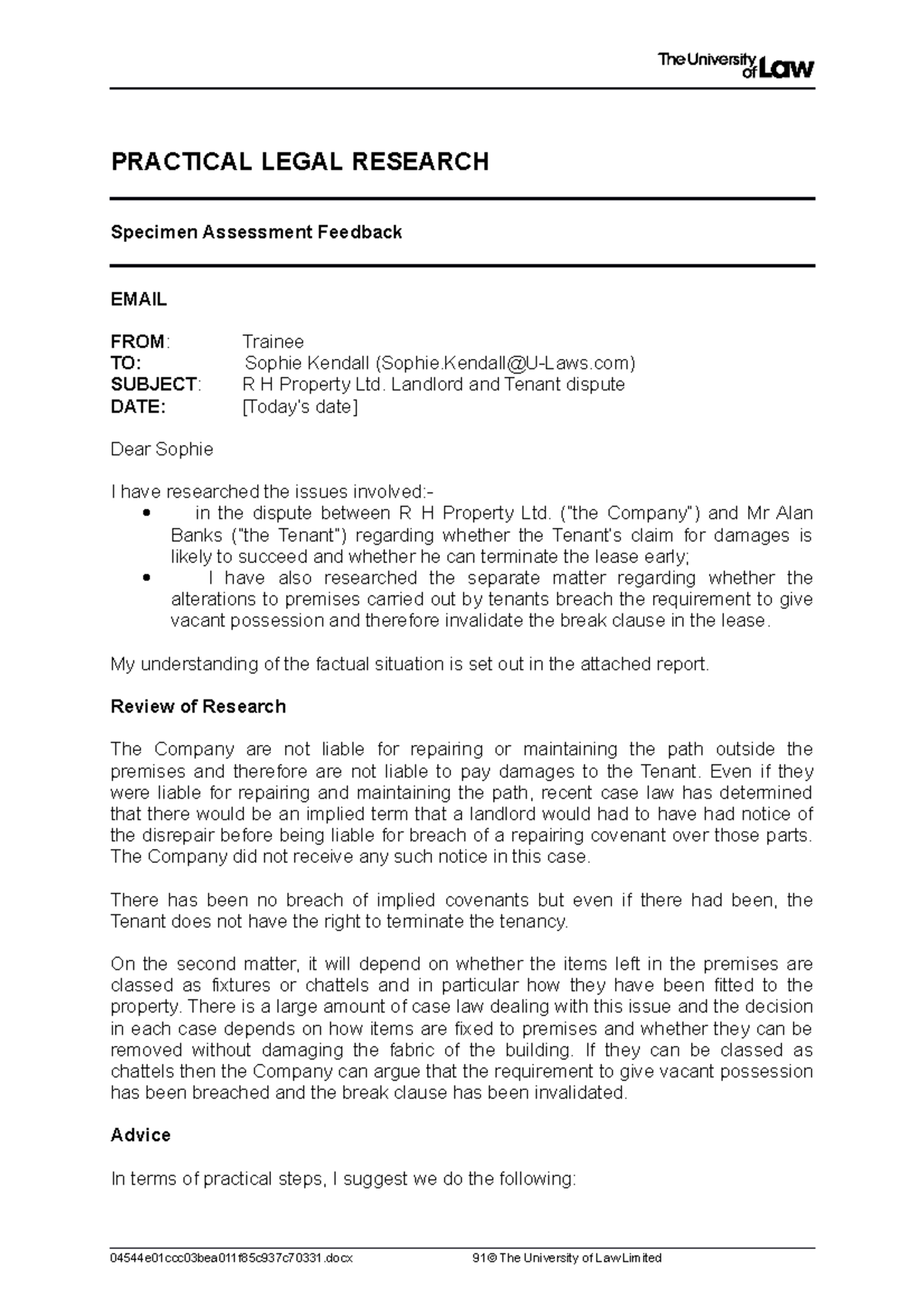 PLR Specimen exemplar PRACTICAL LEGAL RESEARCH Specimen Assessment