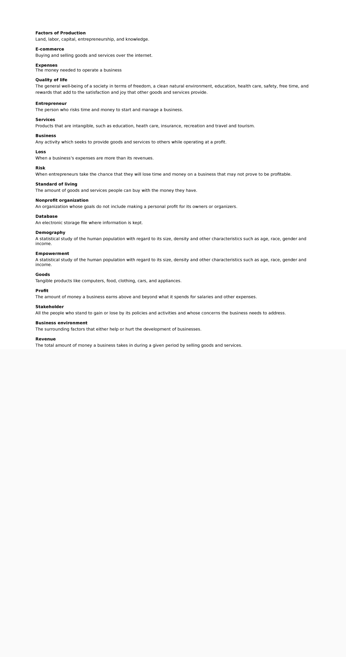 Chapter 1 study guide vocabulary - Factors of Production Land, labor ...