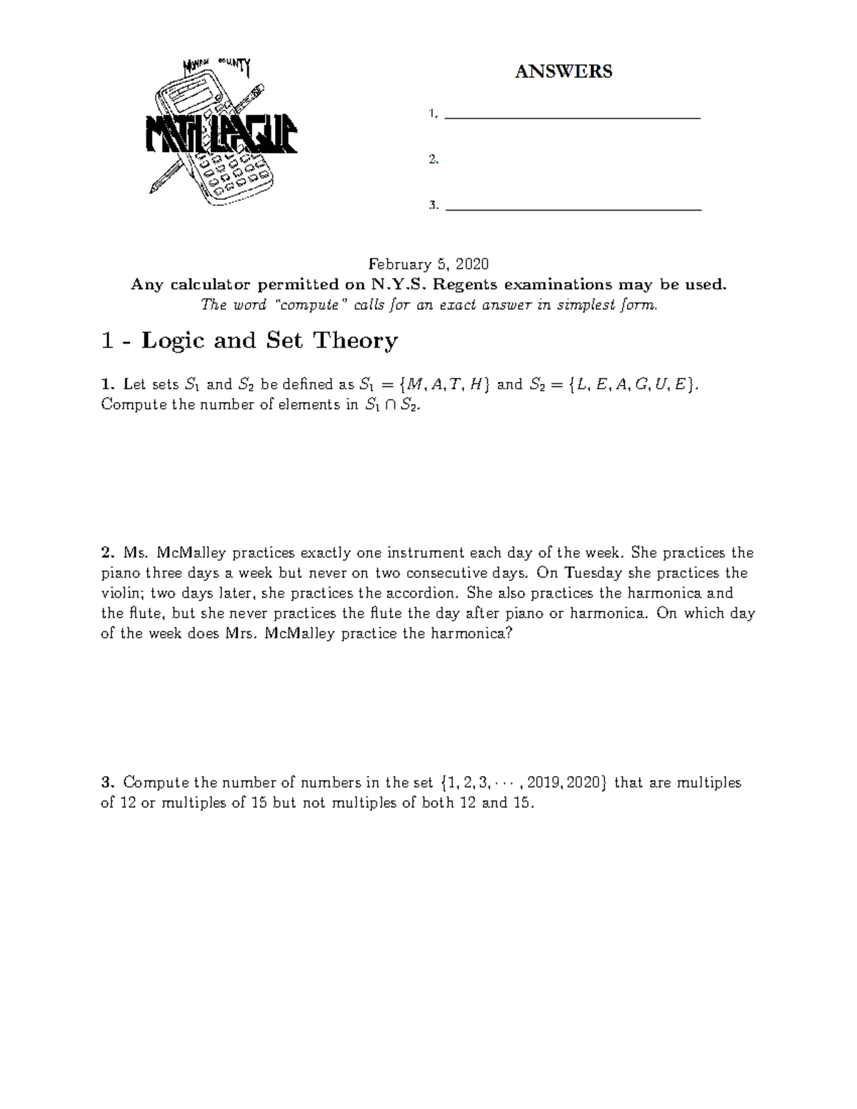 Cat 1 Logic Set Theory good ws February 5, 2020 Any calculator