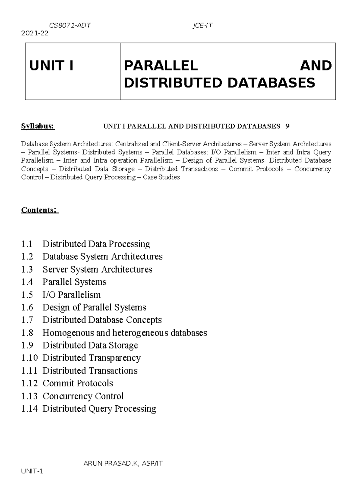 UNIT-1 Final - 2021- UNIT I PARALLEL AND DISTRIBUTED DATABASES Syllabus ...