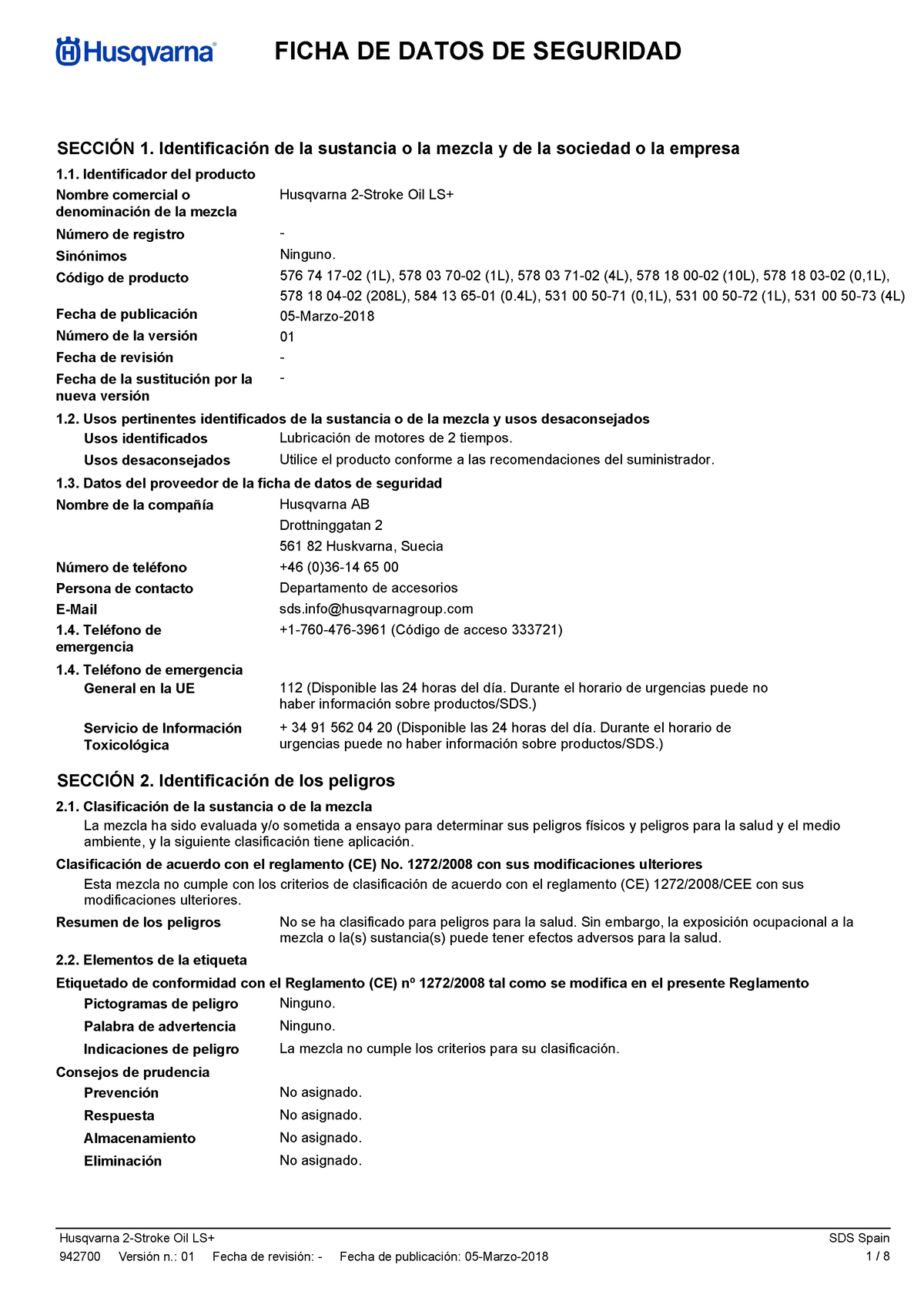 HOJA DE Seguridad Aceite 2 Tiempos - FICHA DE DATOS DE SEGURIDAD ...