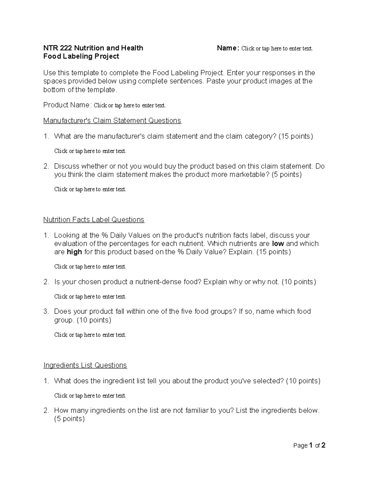 Food Labeling Project Template-2 - NTR 222 Nutrition and Health Name ...