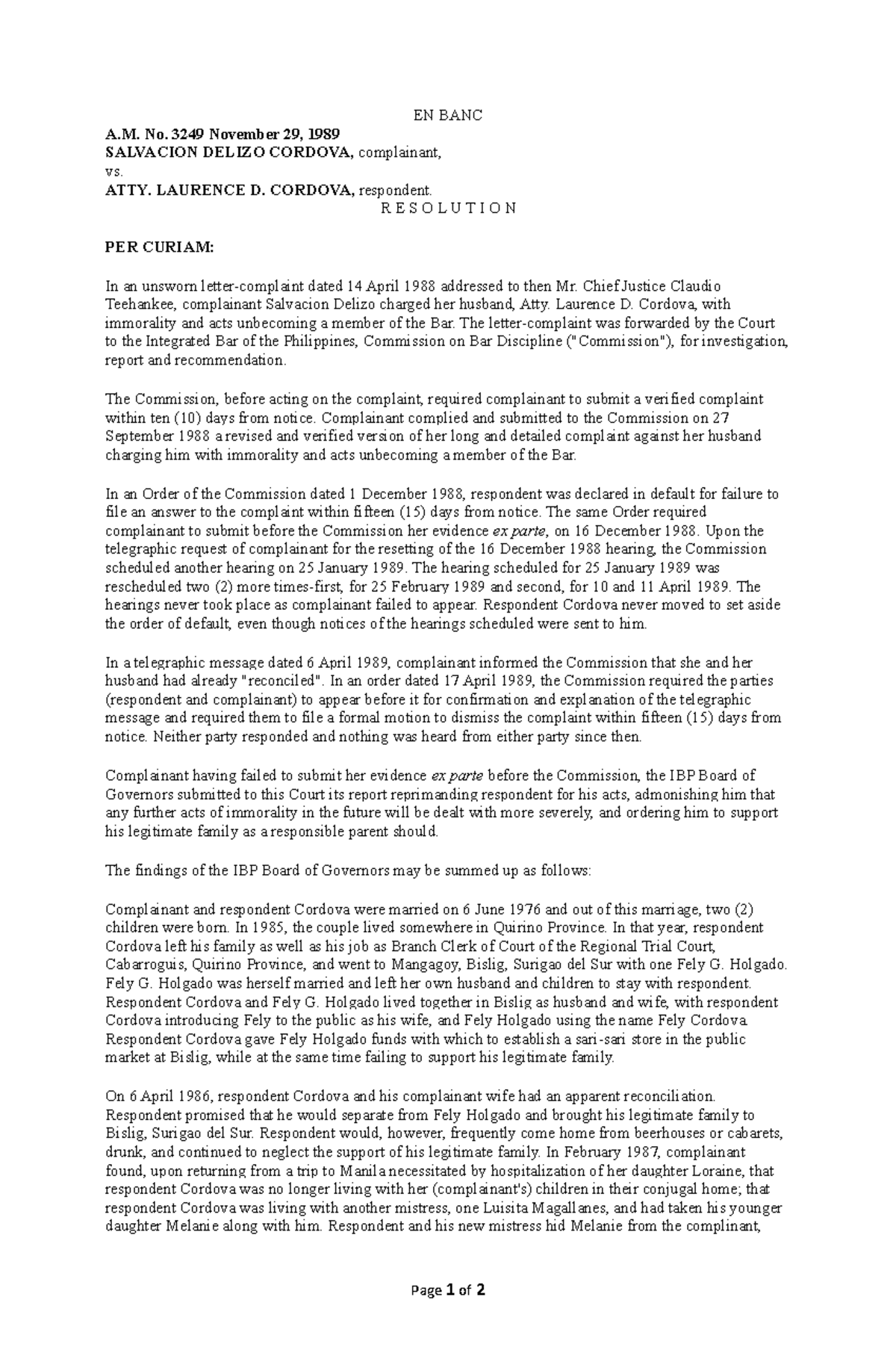 3 Cordova vs Cordova law EN BANC A. No. 3249 November 29, 1989 SALVACION DELIZO CORDOVA
