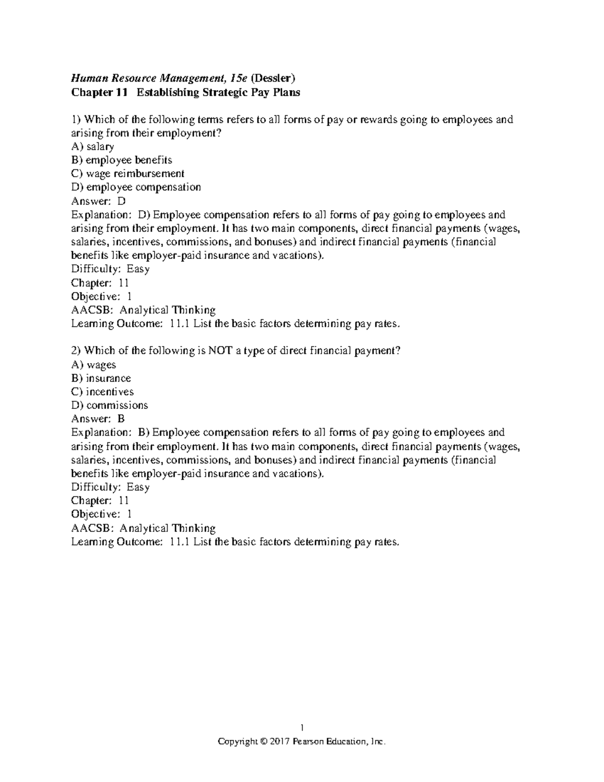 Compensation test bank 1 Human Resource Management, 15e (Dessler