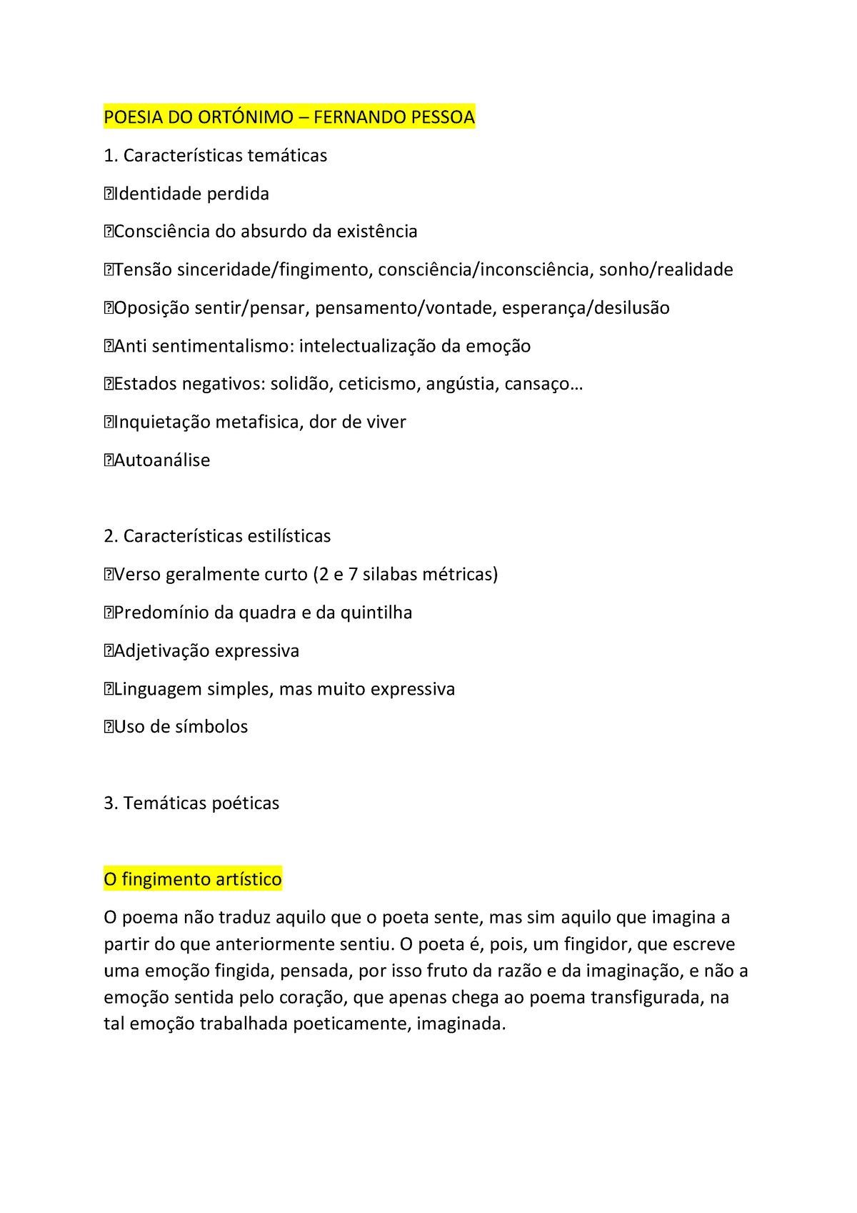 Portugues Resumo - POESIA DO ORT”NIMO – FERNANDO PESSOA CaracterÌsticas ...