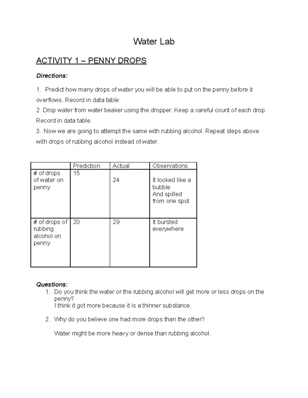 6th hour Water Lab Water Lab ACTIVITY 1 PENNY DROPS Directions