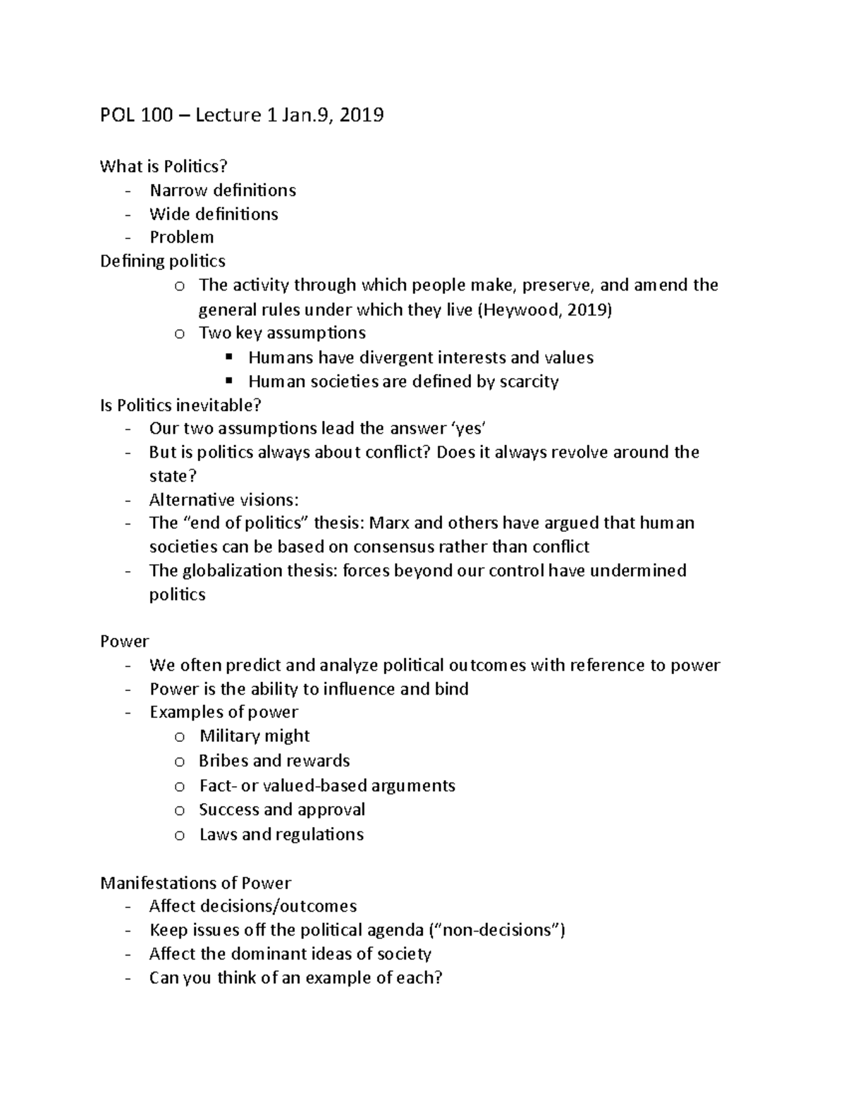POL 100 Lecture 1 - POL 100 – Lecture 1 Jan, 2019 What is Politics ...