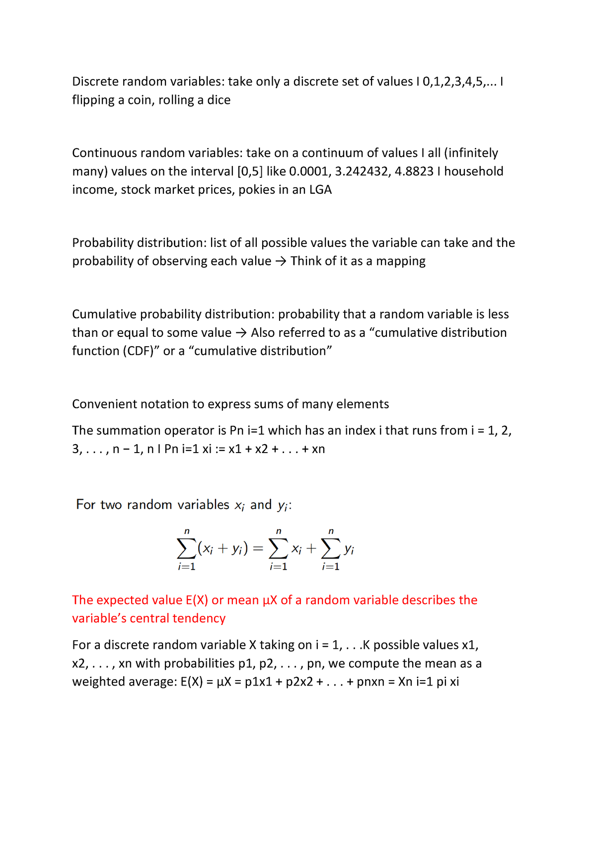 Lecture 2 Summary Notes - Discrete Random Variables: Take Only A ...