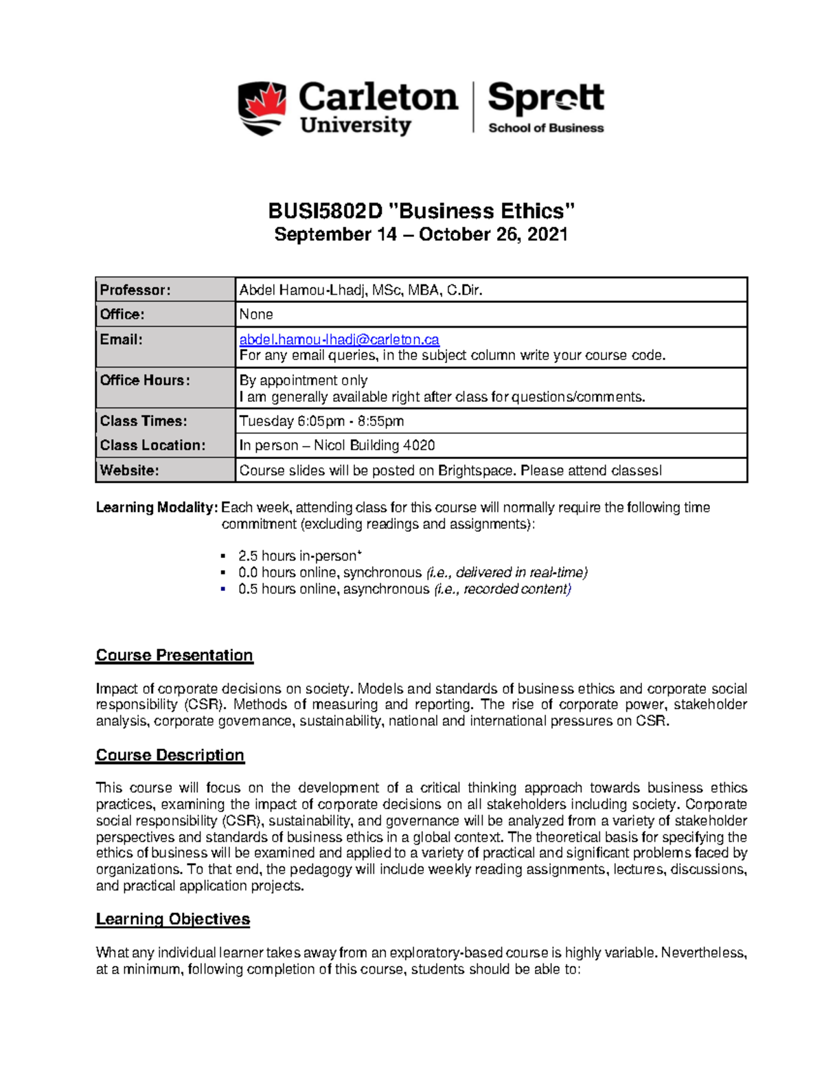 BUSI5802 - F21 - Course Outline - v2 - Busi 3602 - Carleton - Studocu