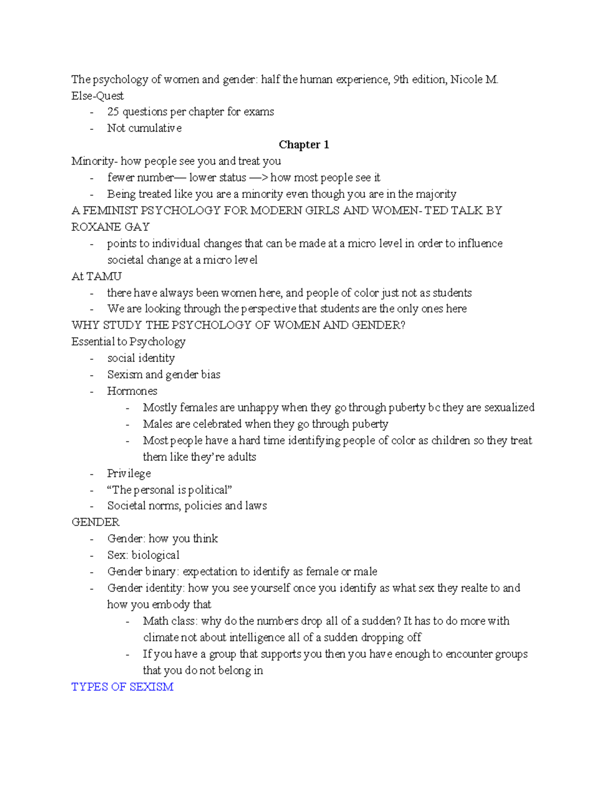 Exam 1 - exam notes - The psychology of women and gender: half the ...