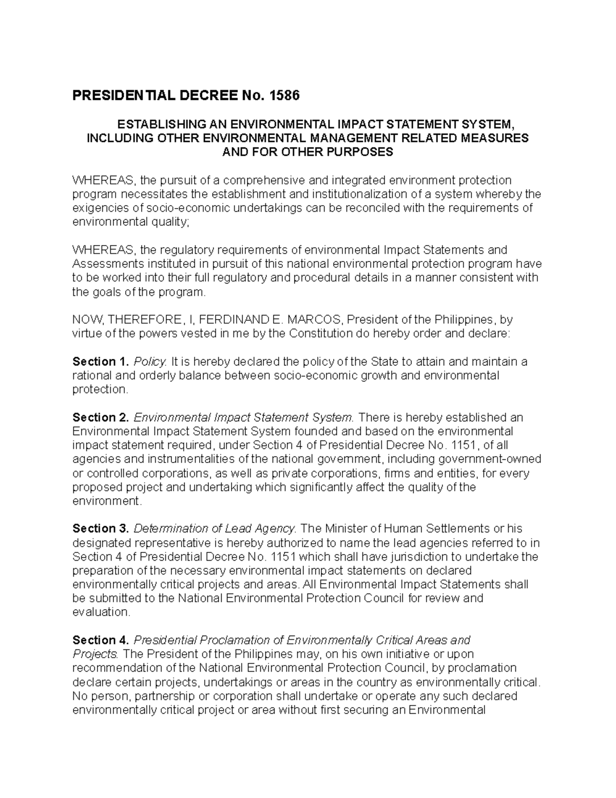 Environmental Science and Engineering - PRESIDENTIAL DECREE No. 1586 ...