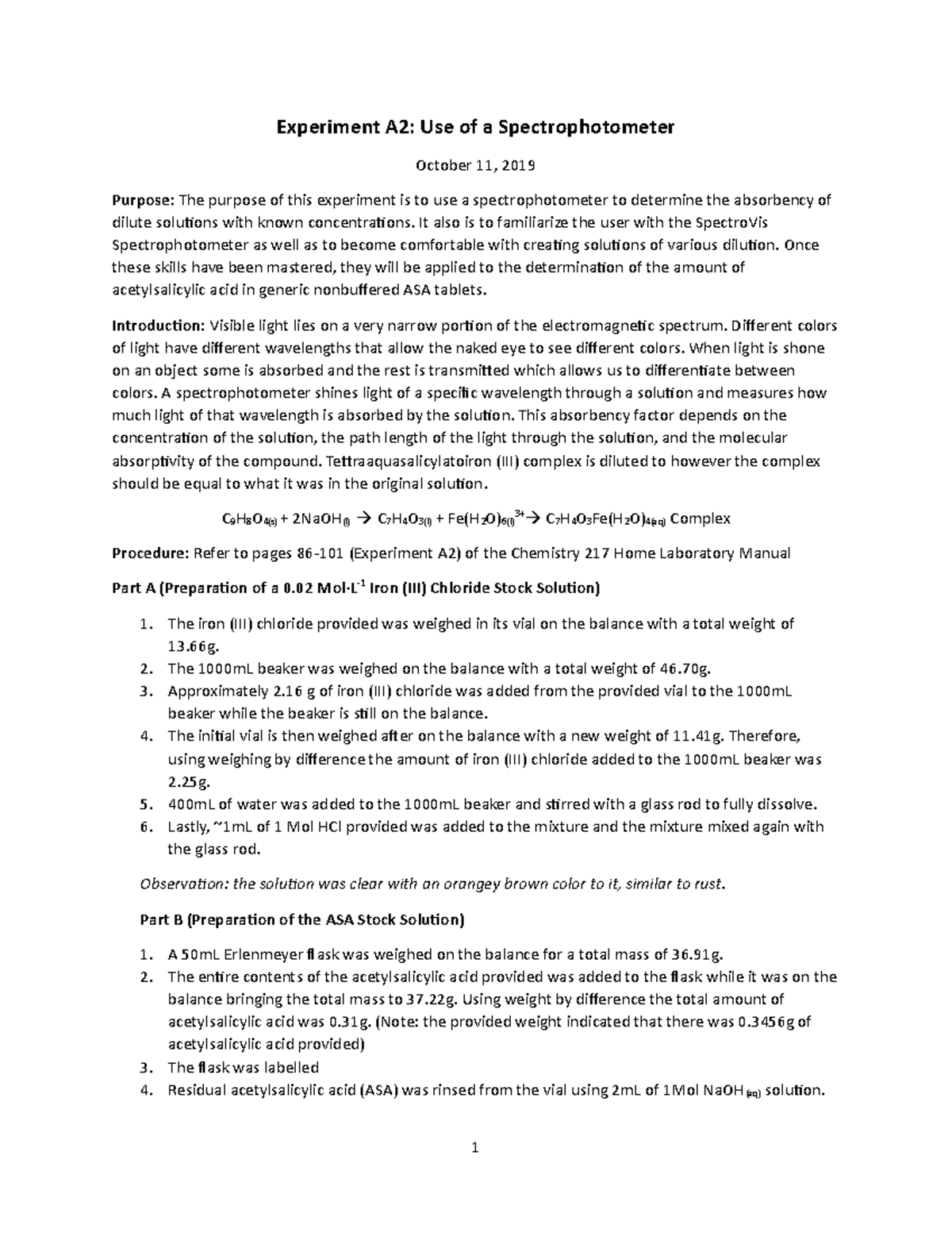 Experiment A2 Lab Report Experiment A2 Use of a Spectrophotometer