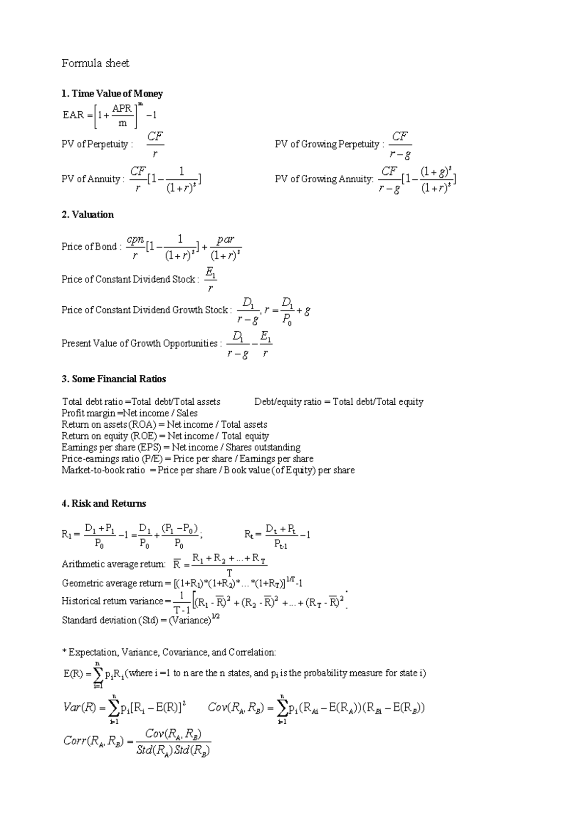 Finance 101 Formula Sheet - Formula sheet 1. Time Value of Money 1 m ...