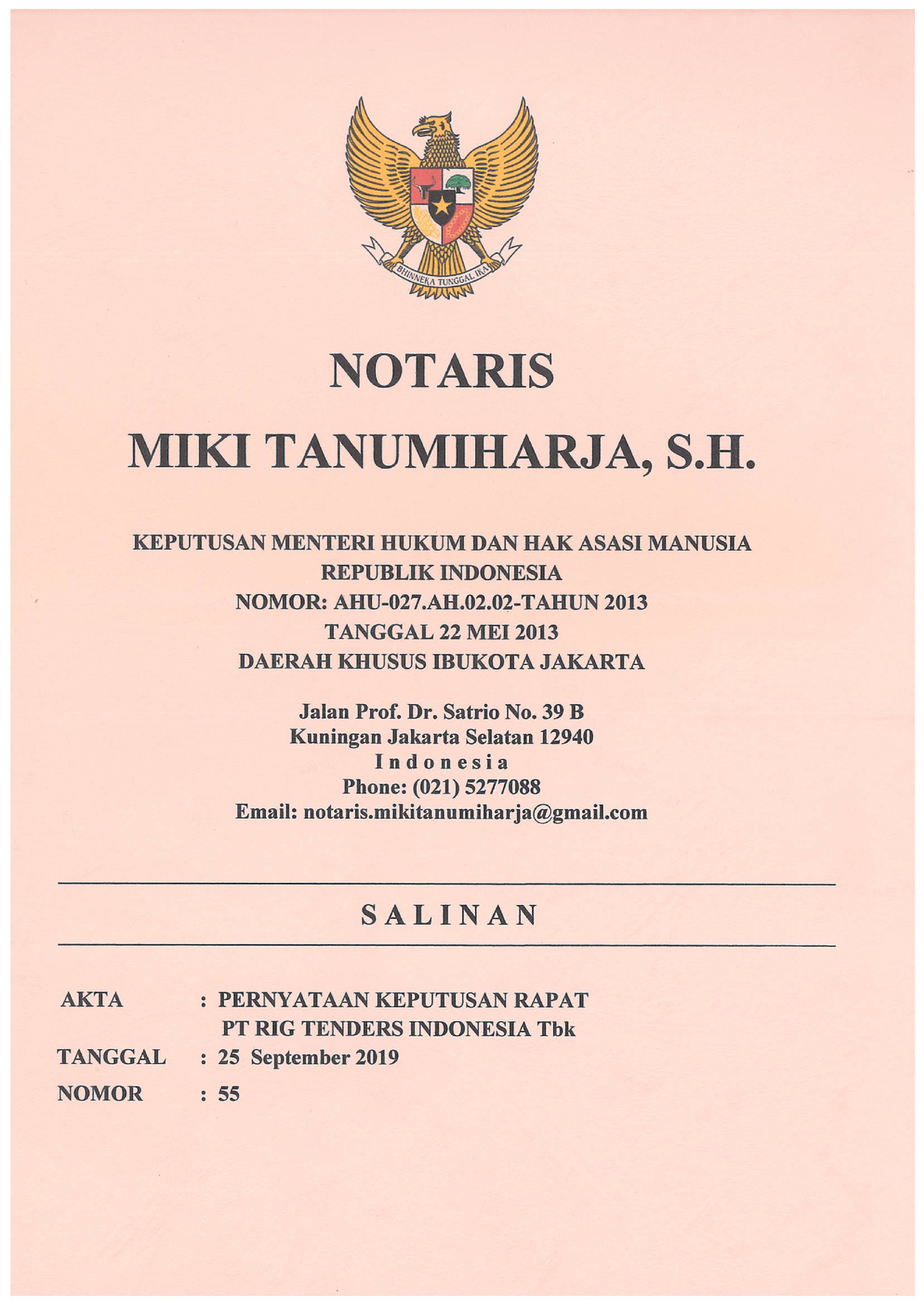 Salinan Akta Notaris Miki Tanumiharja - Contract Law - Studocu