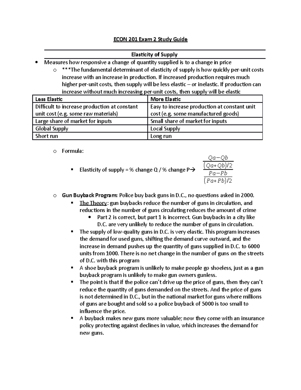 ECON 201 Exam 2 Study Guide - ECON 201 Exam 2 Study Guide Elasticity of ...