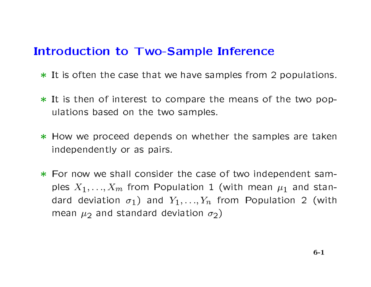 Lectures 6 Lecture Notes From Class Introduction To Two Sample