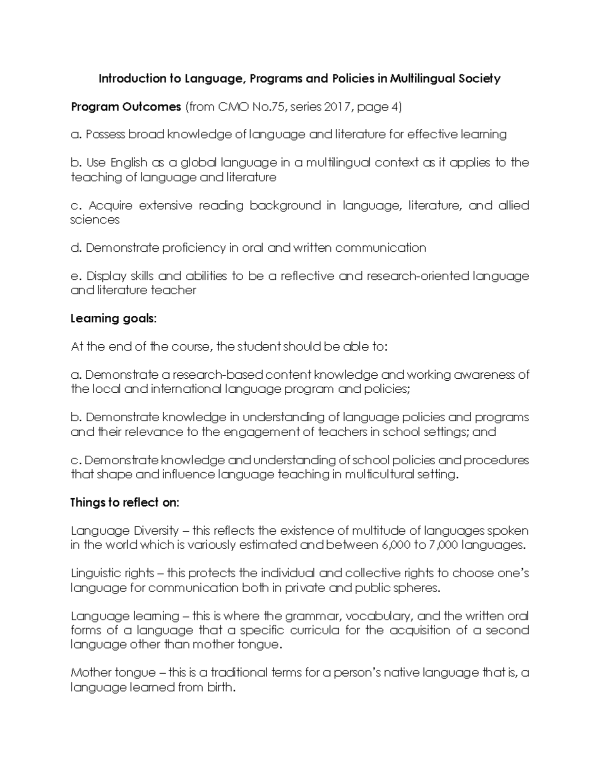 Introduction to Language Programs and Policies 0 - Possess broad ...