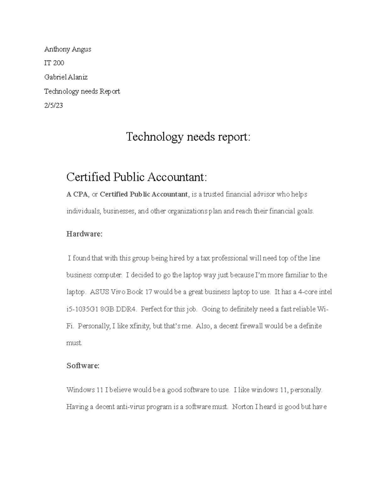 Technology needs report - Anthony Angus IT 200 Gabriel Alaniz ...