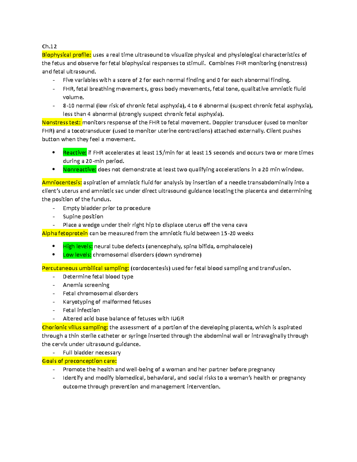 Maternity exam 2 notes Ch. Biophysical profile uses a real time ultrasound to visualize