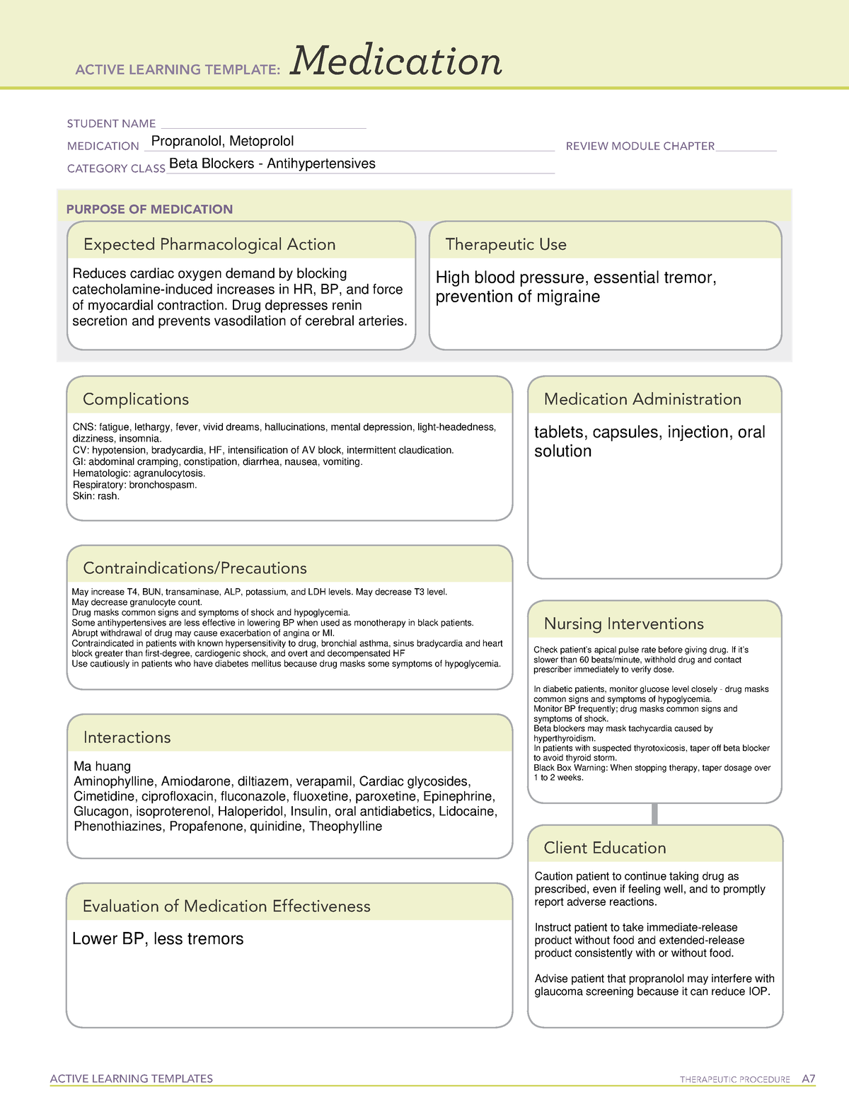 ATI med template Beta Blockers ACTIVE LEARNING TEMPLATES