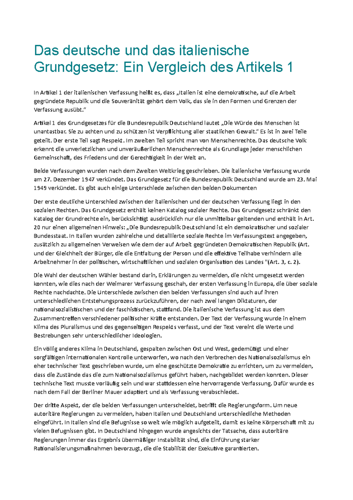 Artikel 1 Des Grundgesetzes Das deutsche und das italienische Grundgesetz - “ Artikel 1 des