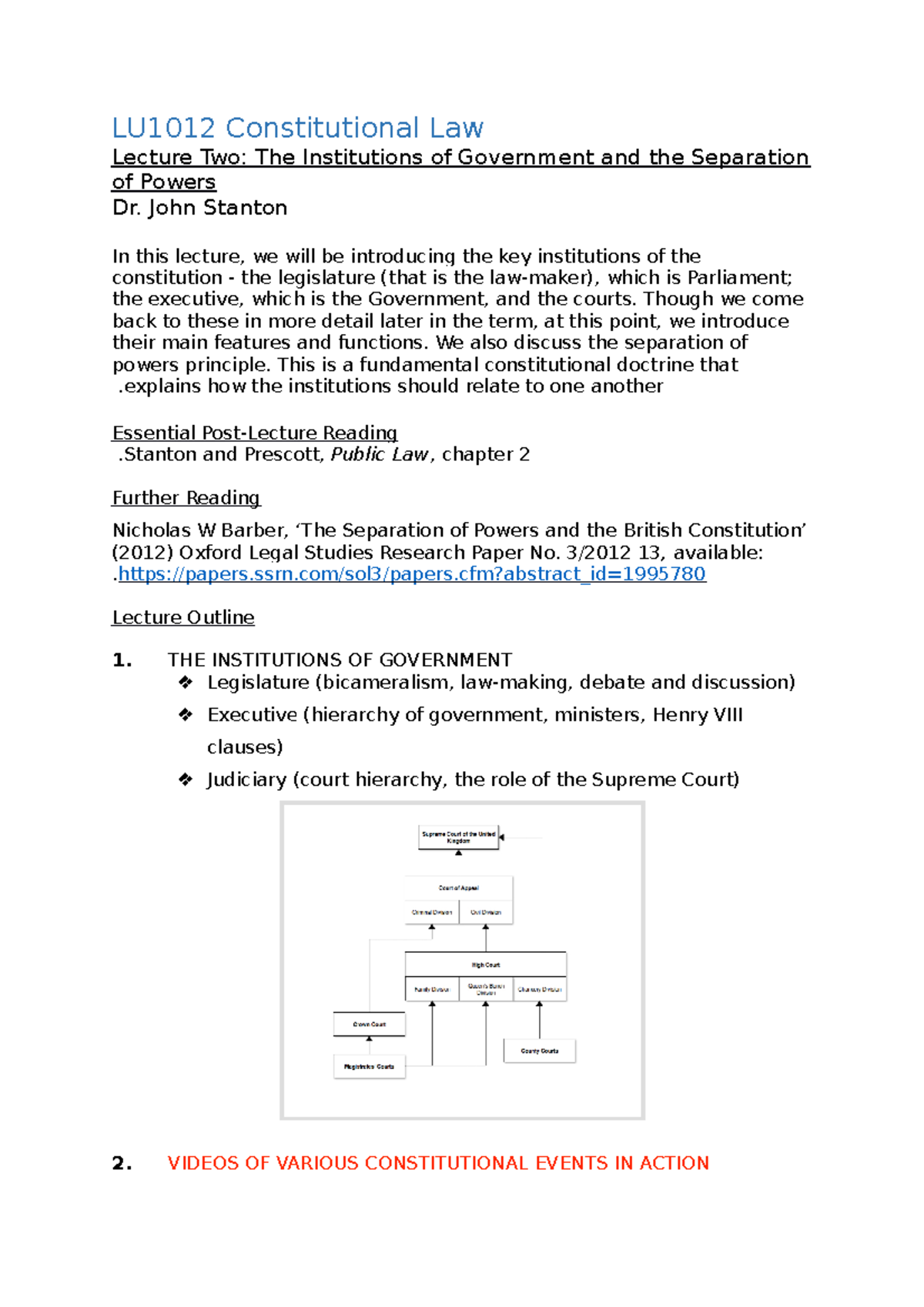 Lecture 2 Handout - LU1012 Constitutional Law Lecture Two: The ...