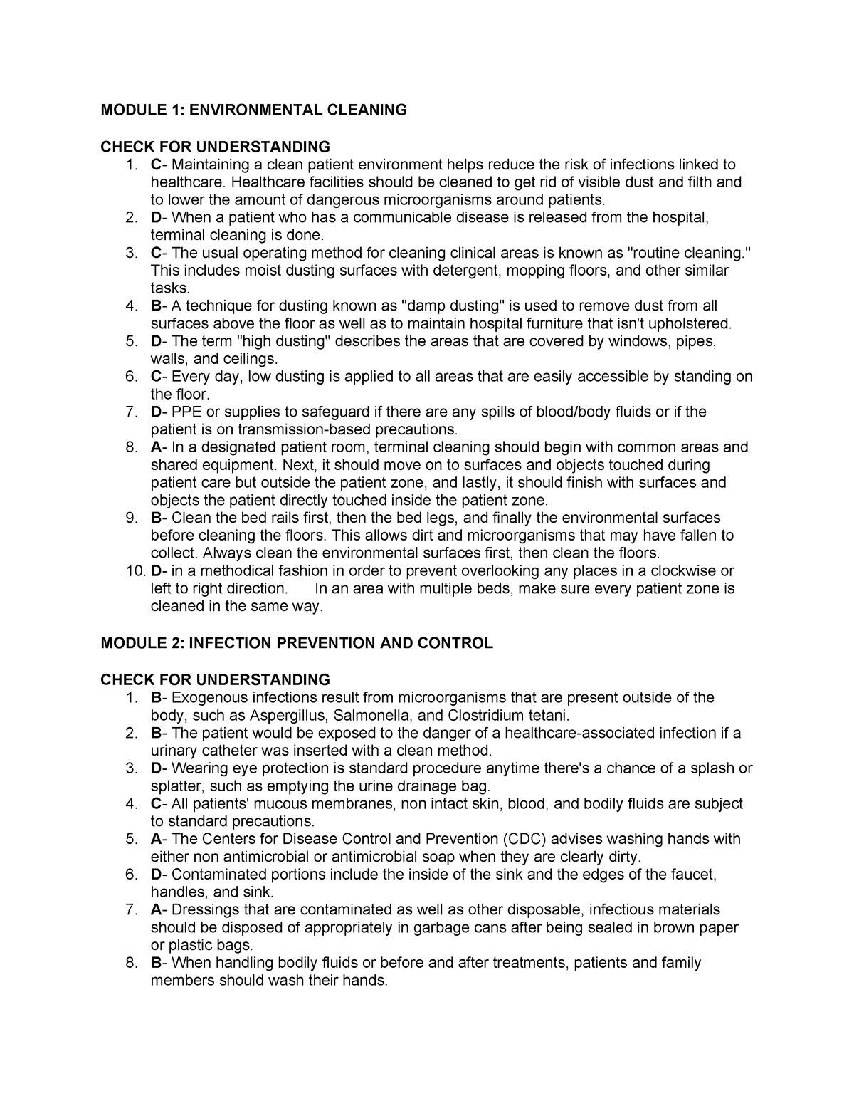 Funda RLE MOD 1-4 Answer - MODULE 1: ENVIRONMENTAL CLEANING CHECK FOR ...