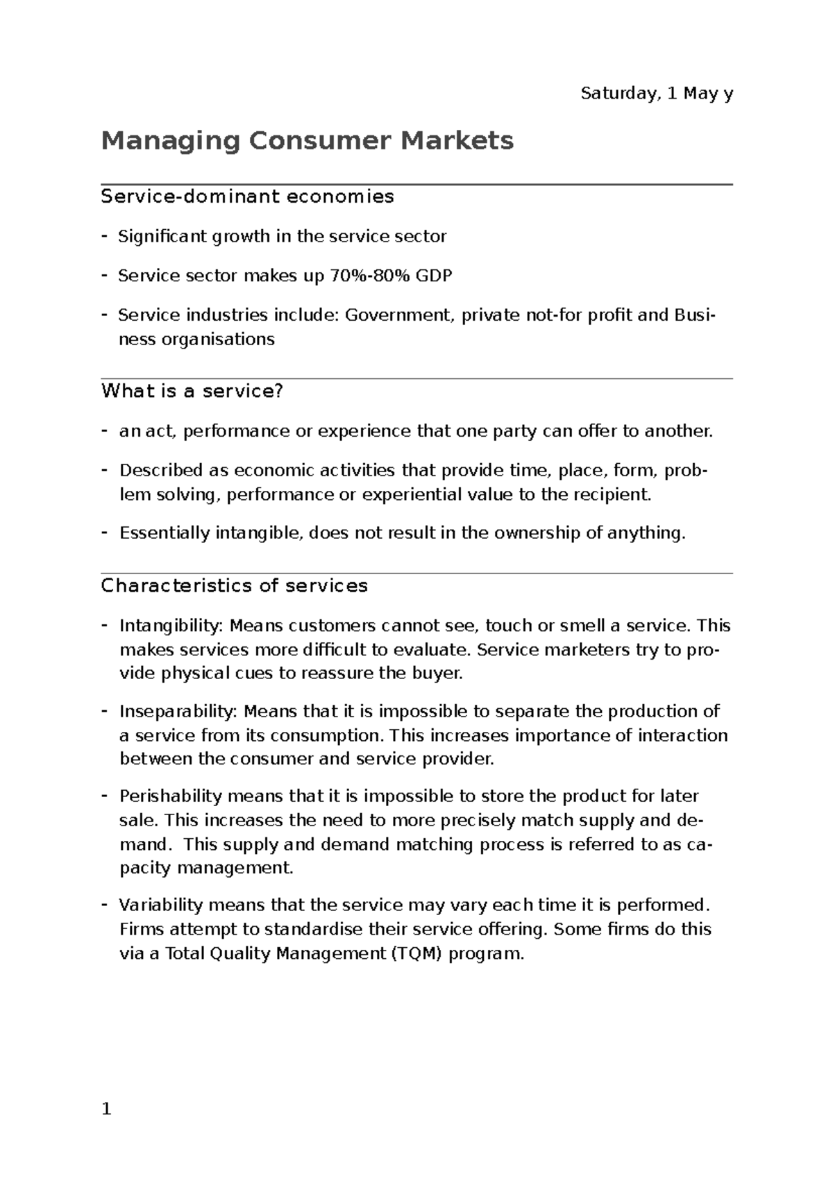 Managing consumer markets Lecture 2 Notes - Tuesday, 30 April y ...