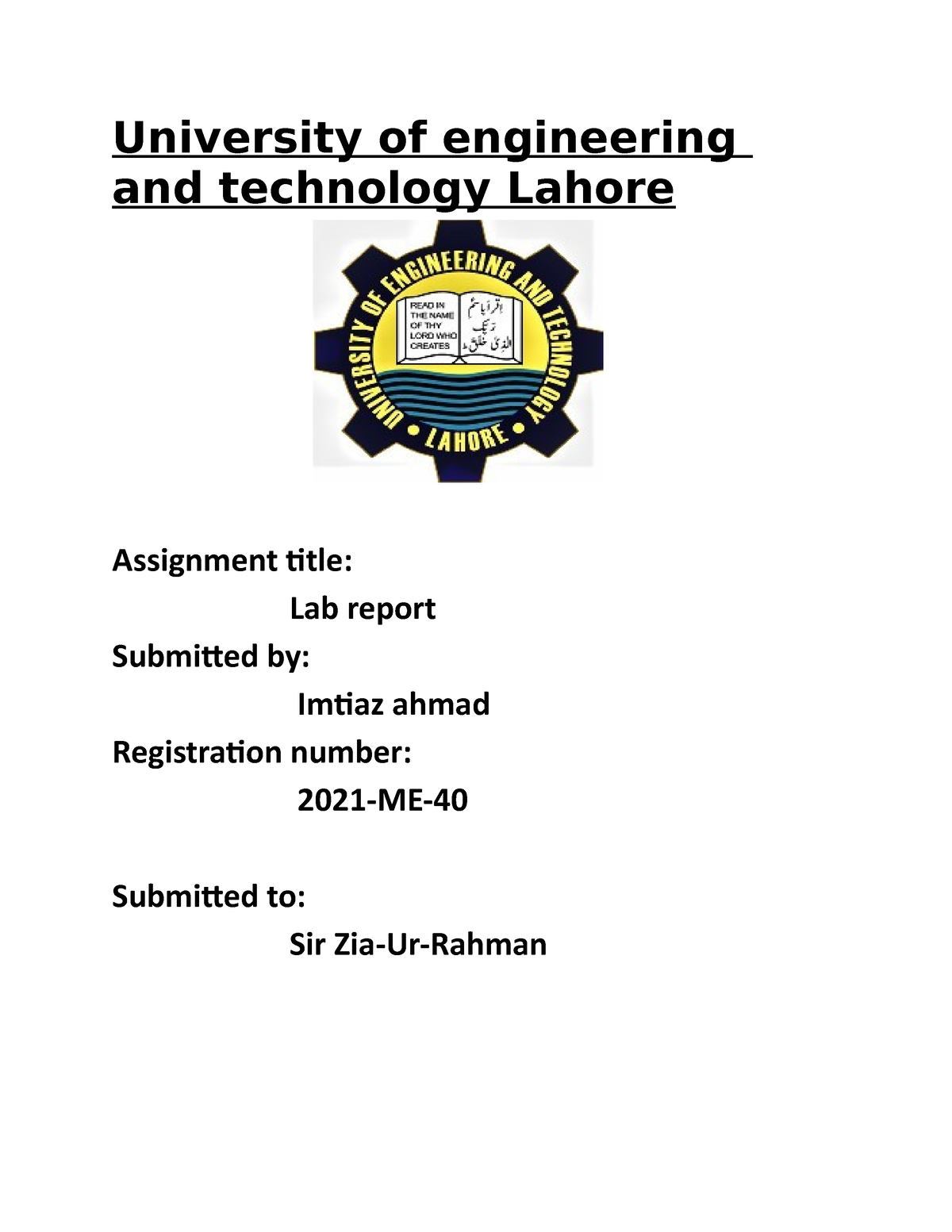 university of lahore assignment title page