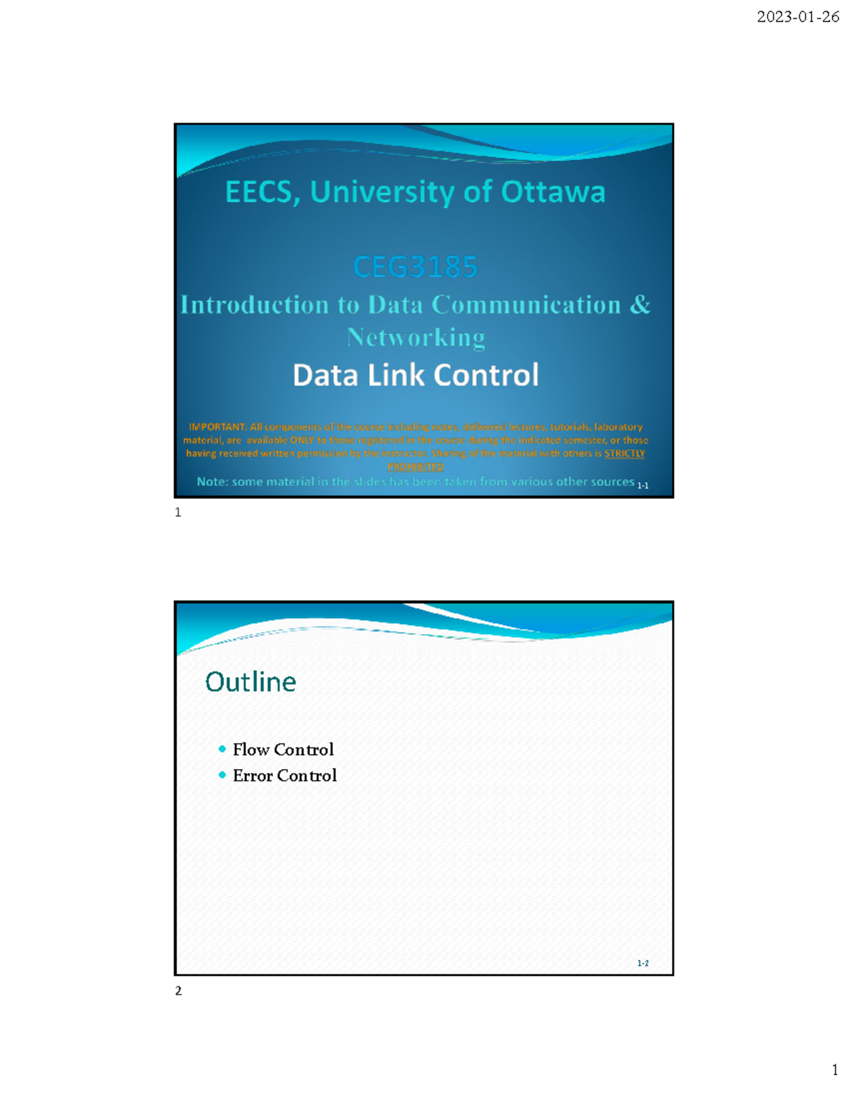 Data Link Control-Part 1 - 1- Outline Flow Control Error Control 1- 1 2 ...