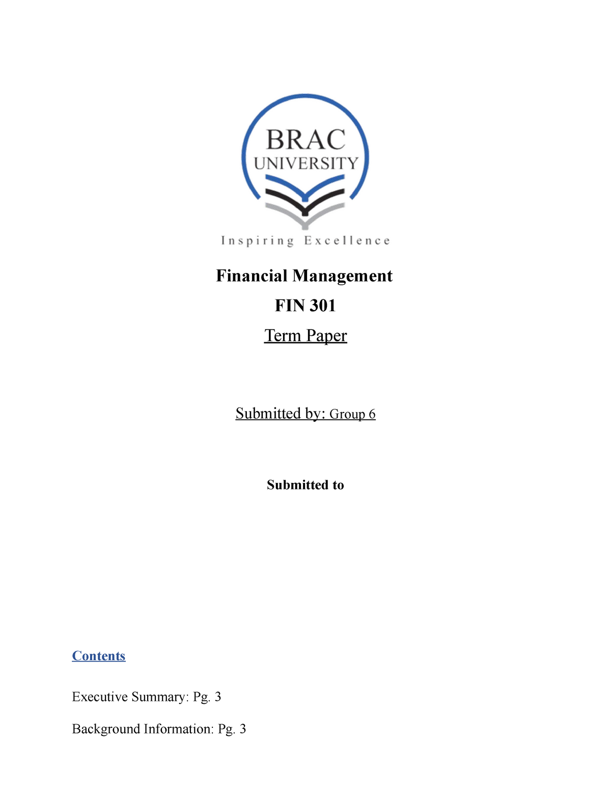 Final Exam Answer - Financial Management FIN 301 Term Paper Submitted ...