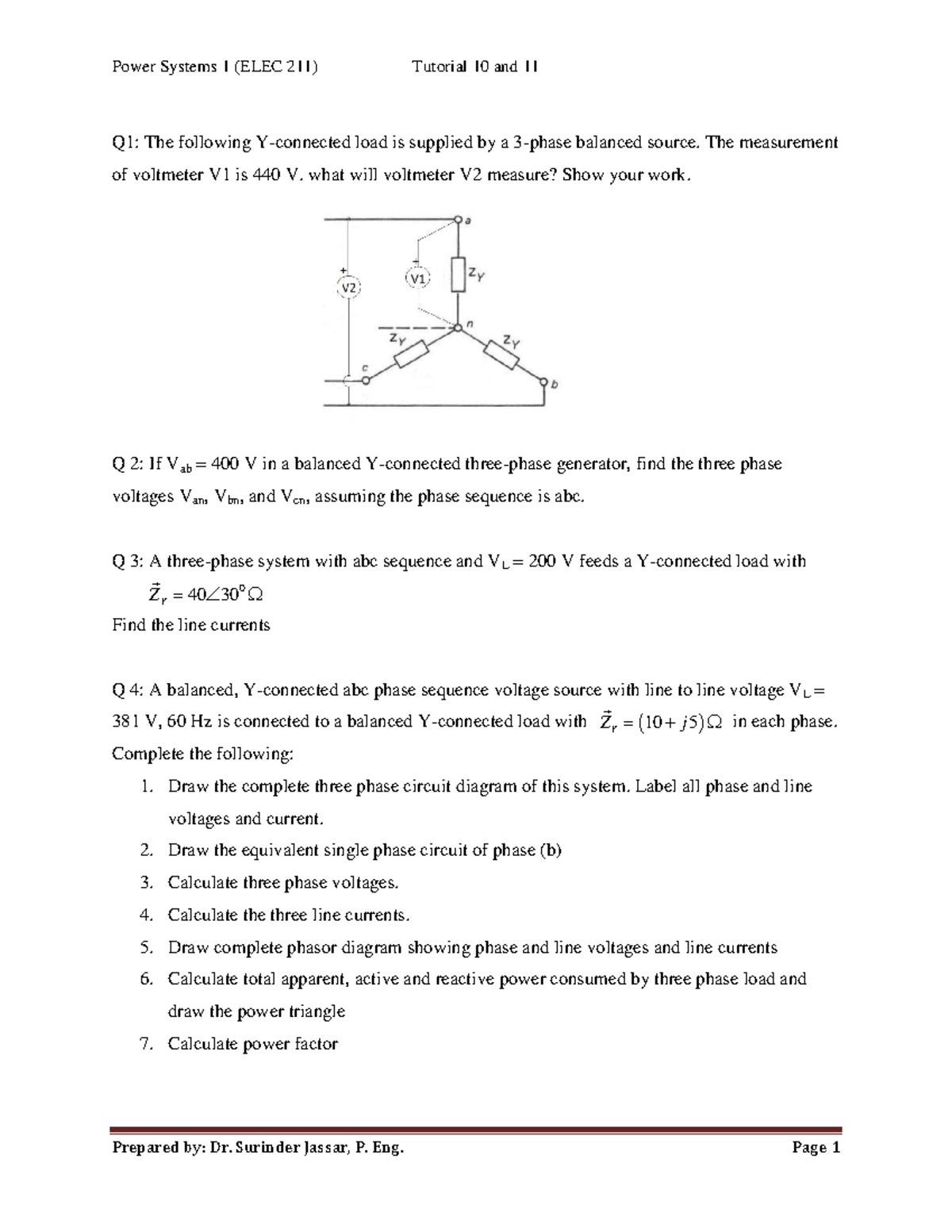 Tutorial week 10 and 11 - practice work - Power Systems 1 (ELEC 211 ...