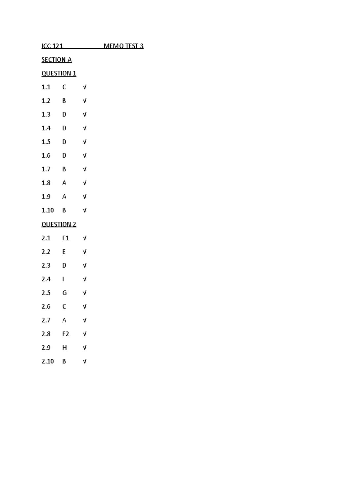 Icc 121 Test 3 Memo - Khusela - Icc 121 Memo Test 3 Section A Question 