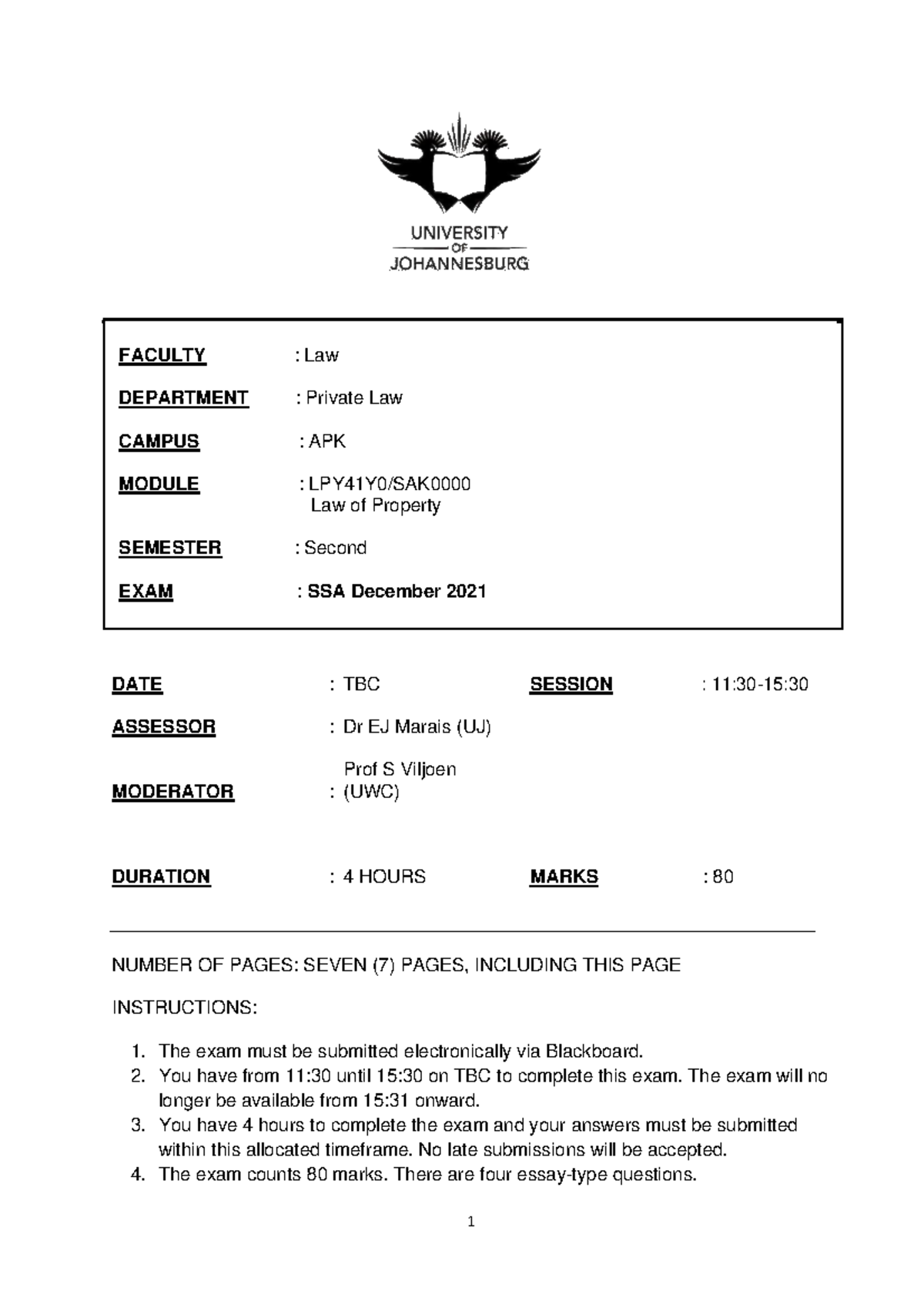Law of Property 2 opportunity exam paper (Dec 2021)ernstm - FACULTY ...