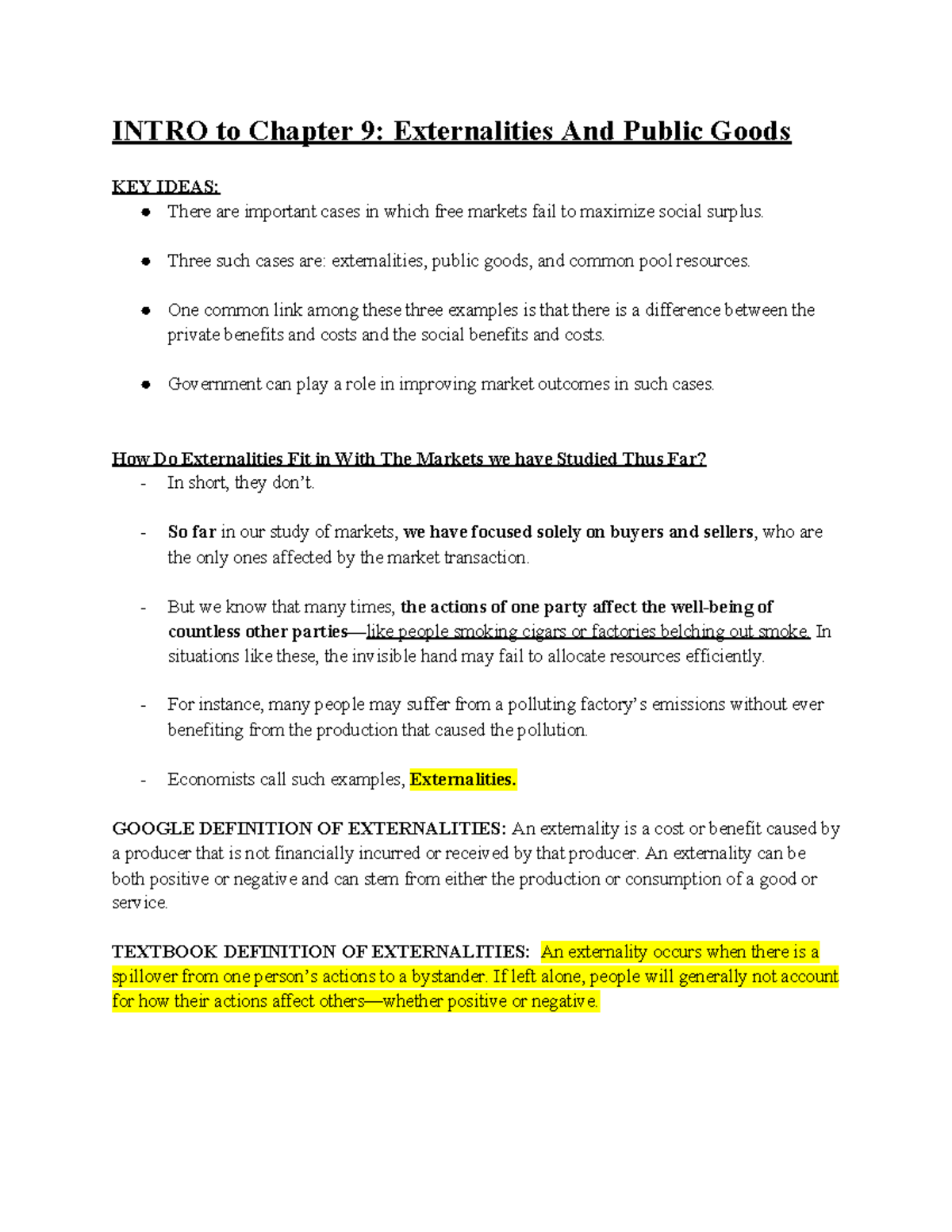 Copy of ECN Notes for final exam - INTRO to Chapter 9: Externalities ...